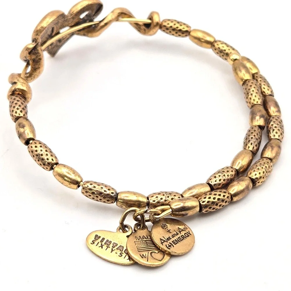 Alex and Ani Vintage Sixty-Six Heart Beaded Rafaelian Gold Wrap‎ Bangle Bracelet